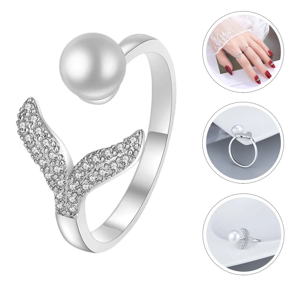 

Adjustable Mermaid Ring Simulated Pearl Women Fashion Jewelry Open Finger Ring for Party Birthday Holiday Wear Gift