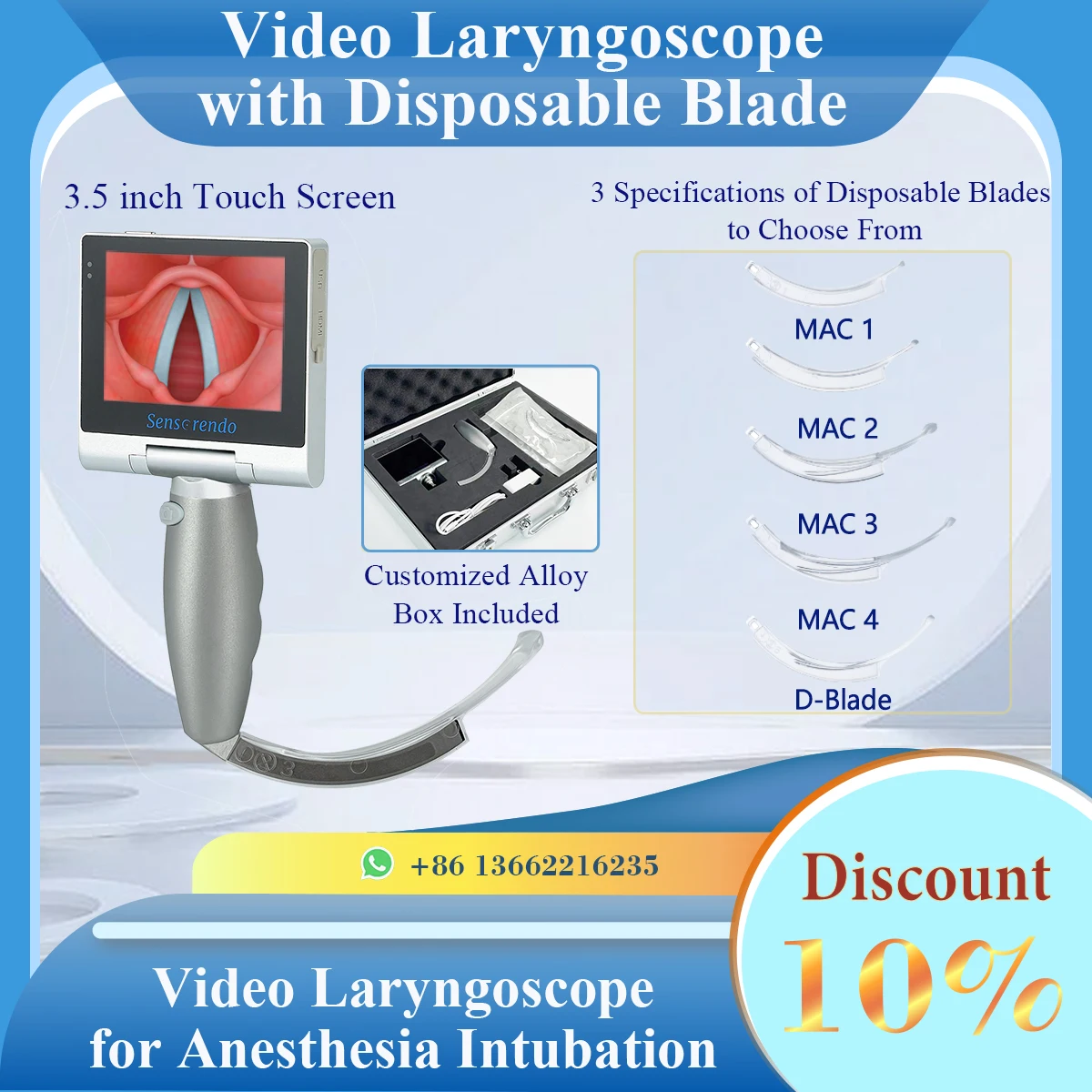 3.5 inch Touchscreen Display Laryngoscope with Disposable Blade(MAC1/2/3/4/D-blade) for Anesthesia Intubation Video Laryngoscope