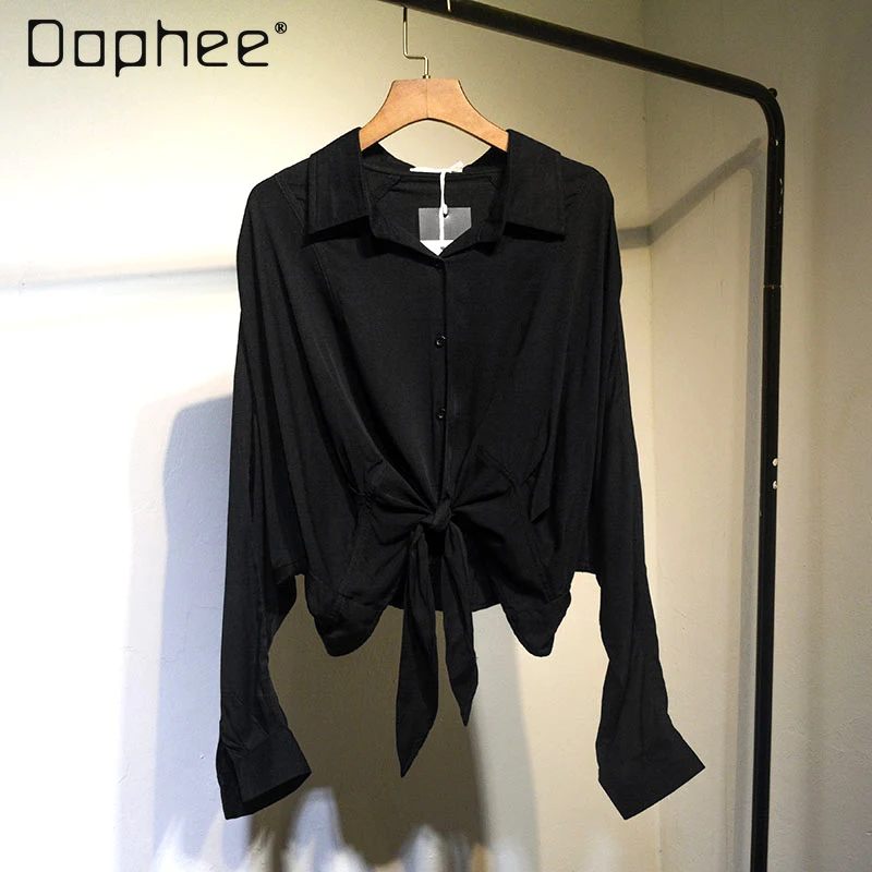 

Casual Women's Spring New Short Black Blouse Loose Lace-up Long Batwing Sleeve Solid Color Shirts Woman Korean Style Cropped Top