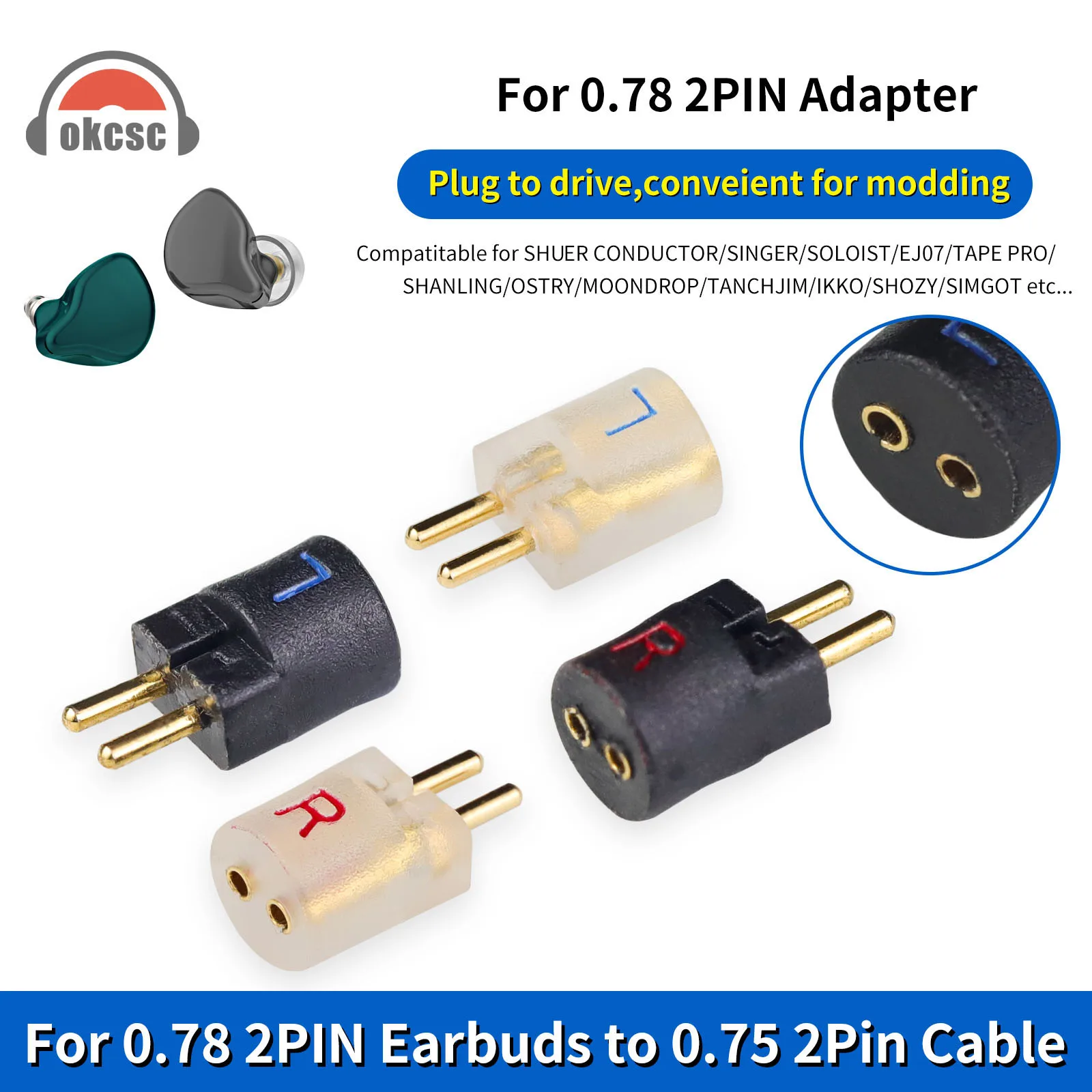 OKCSC Earphone Adater 0.78 2 Pin Female to 0.75 2 Pin Male Connecter for SHURE CONDUCTORE/SINGER/SOLOIST/EJ07/TAPE PRO/SHANLING