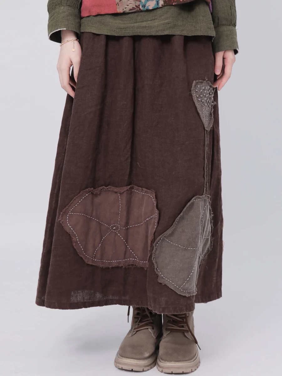 Artistic Waed out Antique Linen A-Line  Skirt Spring 2025 New Arrival High Waist Pure Color Commute Sle Women's Skirt