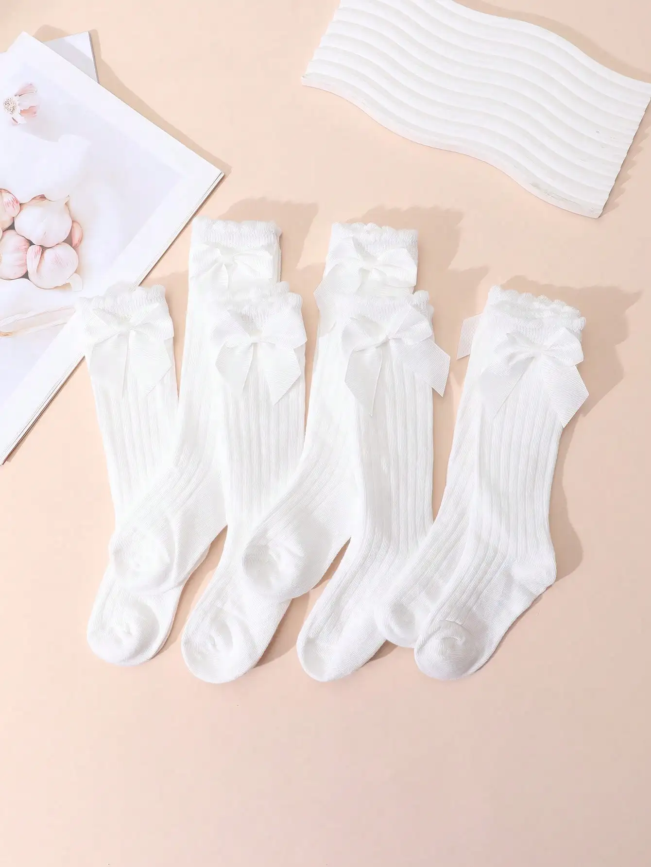 6 Paar weiße, gerippte Kniestrümpfe mit Schleife für Kleinkinder und Mädchen, aus Nylon und Spandex, elastische Socken für 0-8 Jahre, für Alltag, Schule, Party, Freizeitkleidung – Detail 4