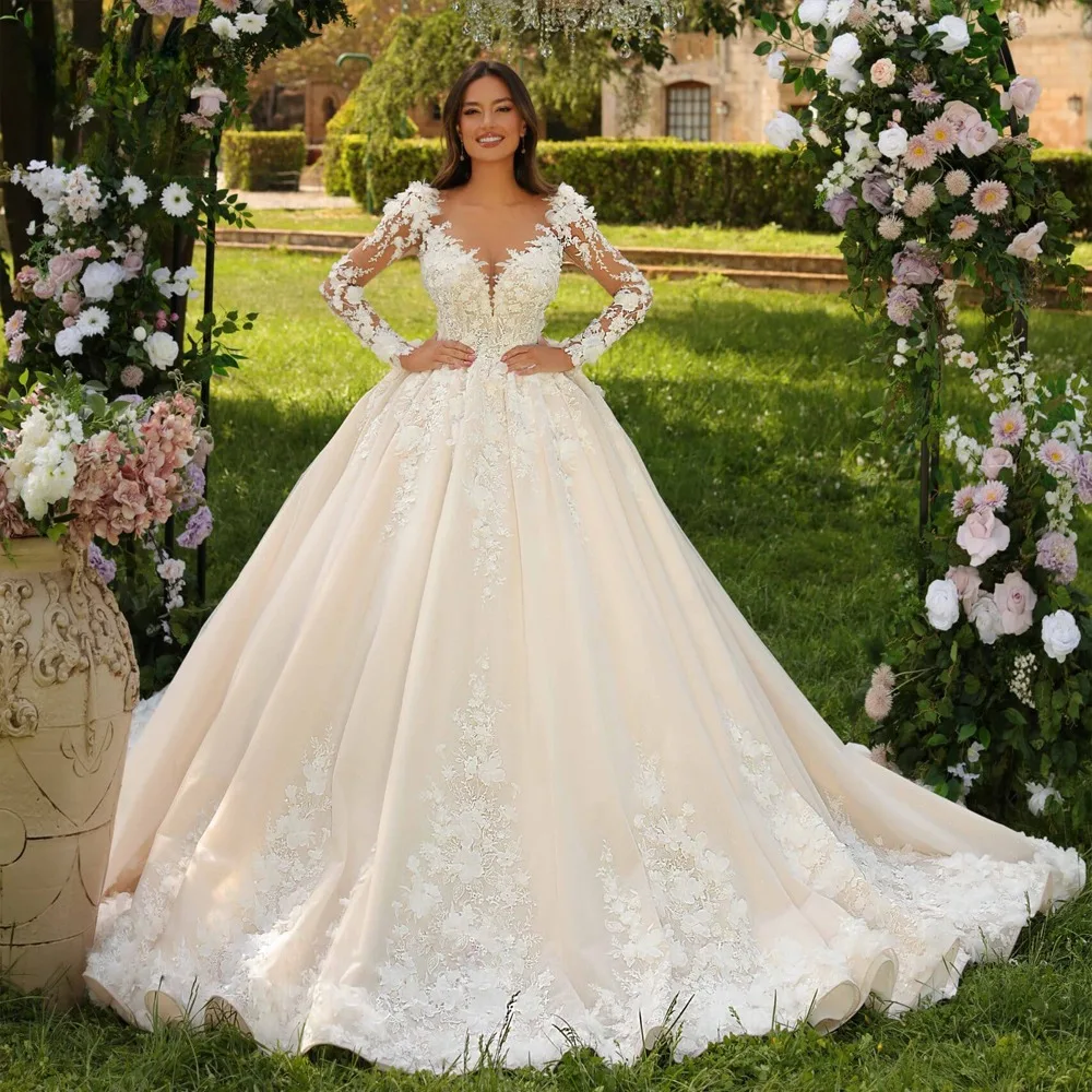 Princesa sheer o pescoço a linha vestido de casamento mangas compridas apliques ilusão botão volta boho vestido de noiva luxo novia