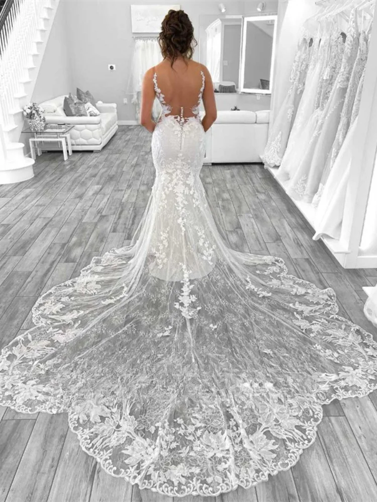 Elegant Mermaid  Wedding Dress Open Back V-Neck Lace Spaghetti Strap Button Back Bridal Gown Vestidos De Novia