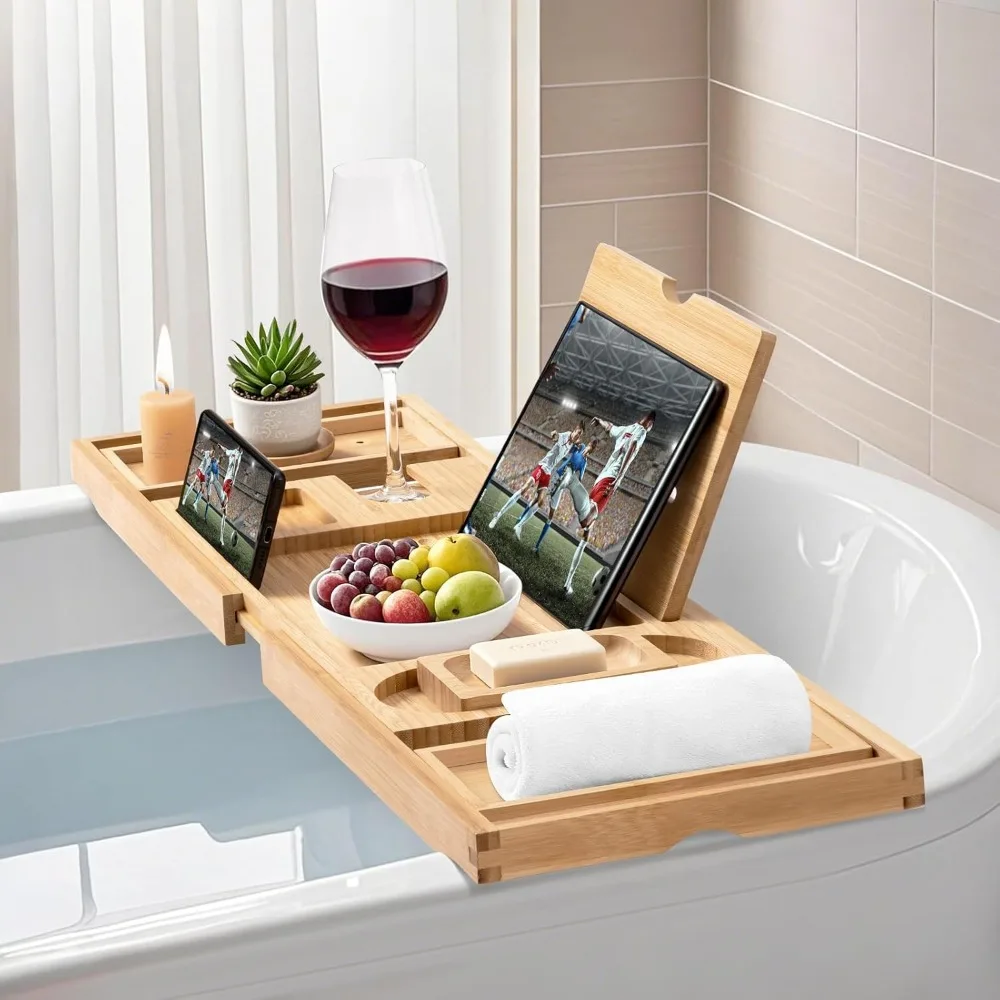 

Expandable Bamboo Bathtub Tray with Book Stand & Soap Holder - Adjustable Spa Accessory for Relaxing Bath Time