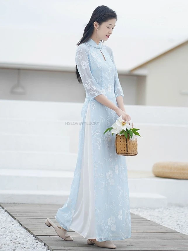 فيتنام Aodai الجنية مزاجه فستان صيني رائع الأزهار الطباعة الشاي الفن فيستدو الجوف خارج سليم آو داي فستان جنية #4