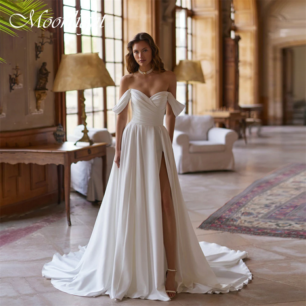 Customized Classic Satin A-Line Wedding Dress Women Off The Shoulder Pleat V-Neck Slit Open Back Bride Gown  Vestidos De Novia