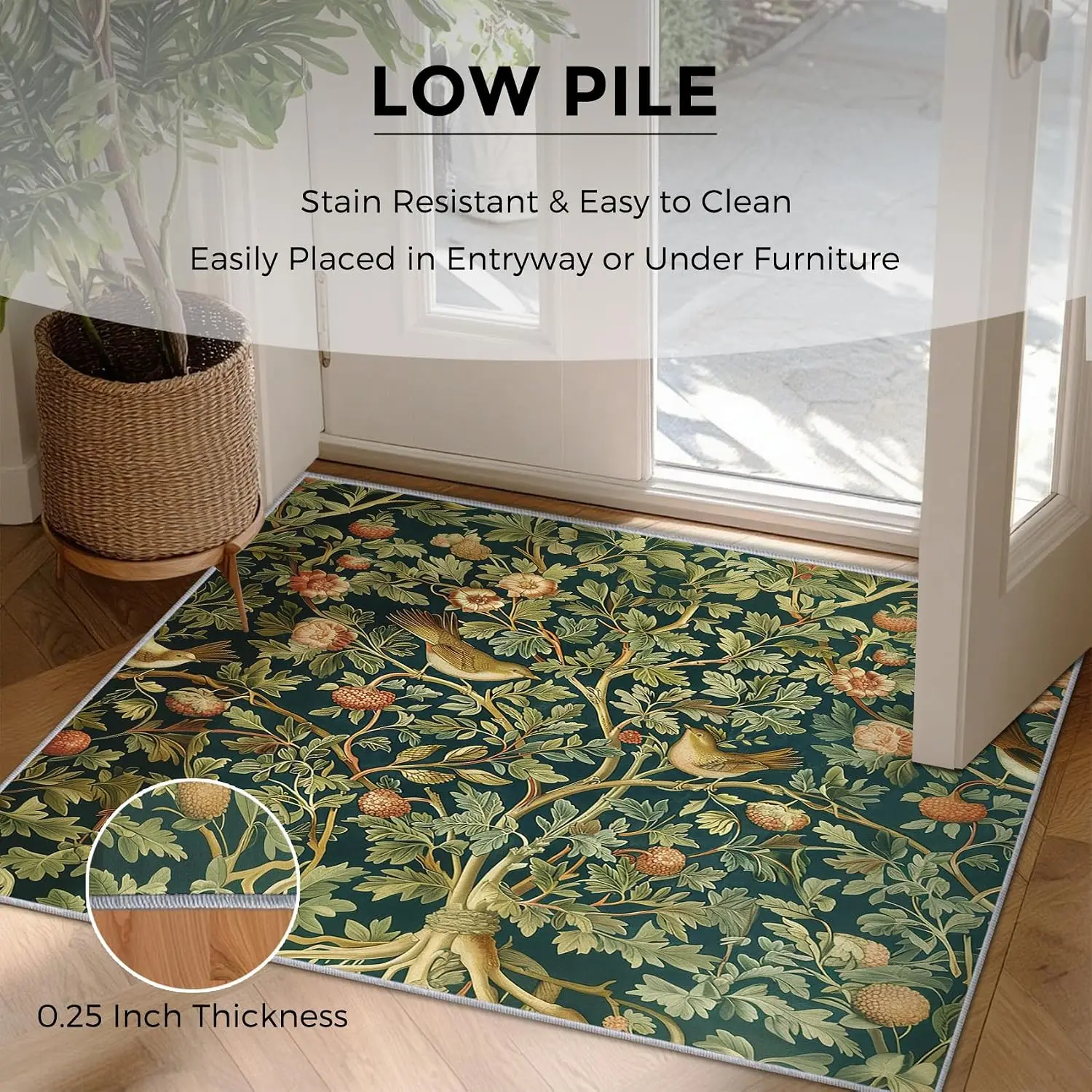 10x12 Extra Large Strawberry Thief Bird Flower Area Rug Washable Non Slip Thin Low Pile Carpet for Living Room Home Decor