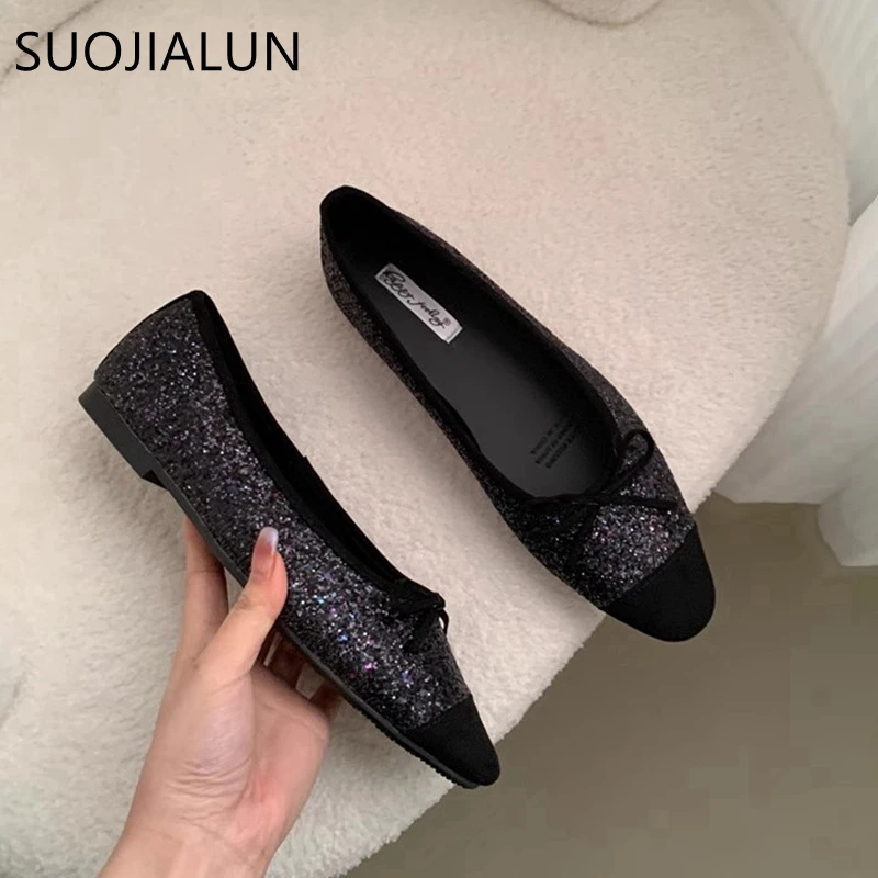 SUOJIALUN 2024 Spring New Women Flat Ballerinas Shoes Fashion Bling Fabric Ladies Elegan Shllow Slip On Ballet Shoes Soft Flats