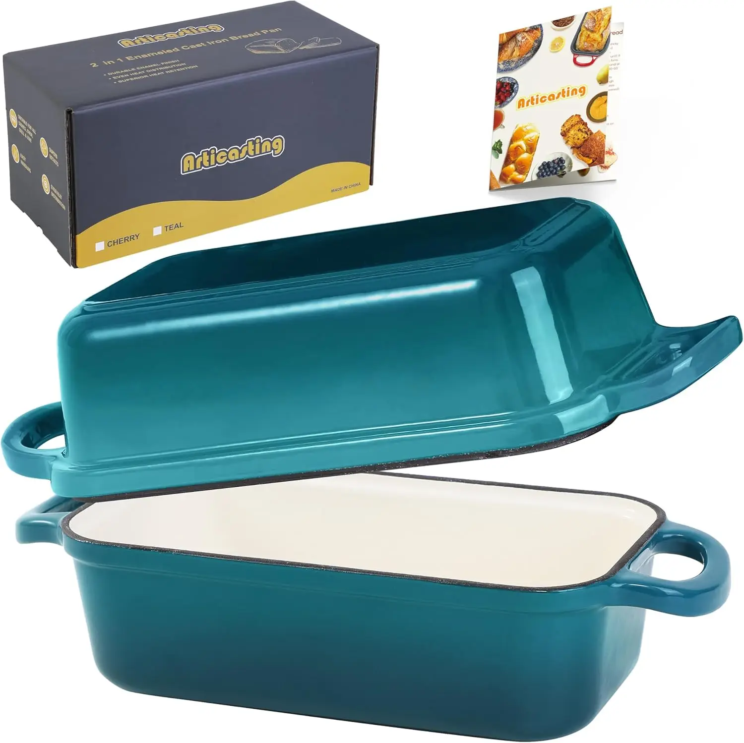 

Cast Iron Loaf Pan with Lid, Enameled Bread Pan for Homemade Sourdough, 2-in-1 Baking Dutch Oven Teal