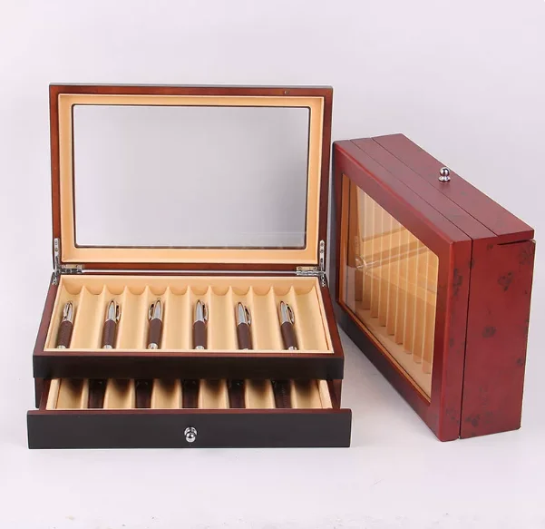 Multi Drawer Wooden Pen Storage Box, Glass Top Fountain Pen Display Case, 78 Slots Pen Collection Organizer for Desk