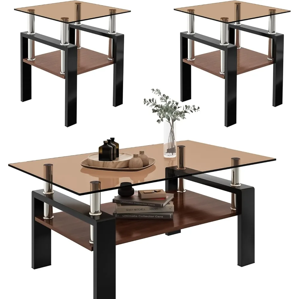 

Set of 3 Brown Glass Coffee Tables for Living Spaces, Modern 3-Piece End Table Collection with Walnut Shelves and Black Metal Le