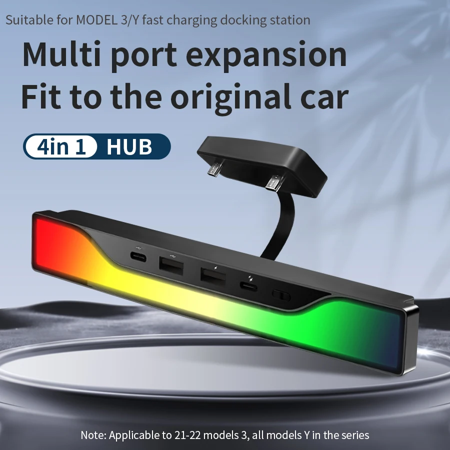 

4 in 1 USB Hub USB2.0 Type C Car Charger for Tesla Model 3/Y Car Accessories RGB Car Phone Charger Adapter For Phone Tablets U