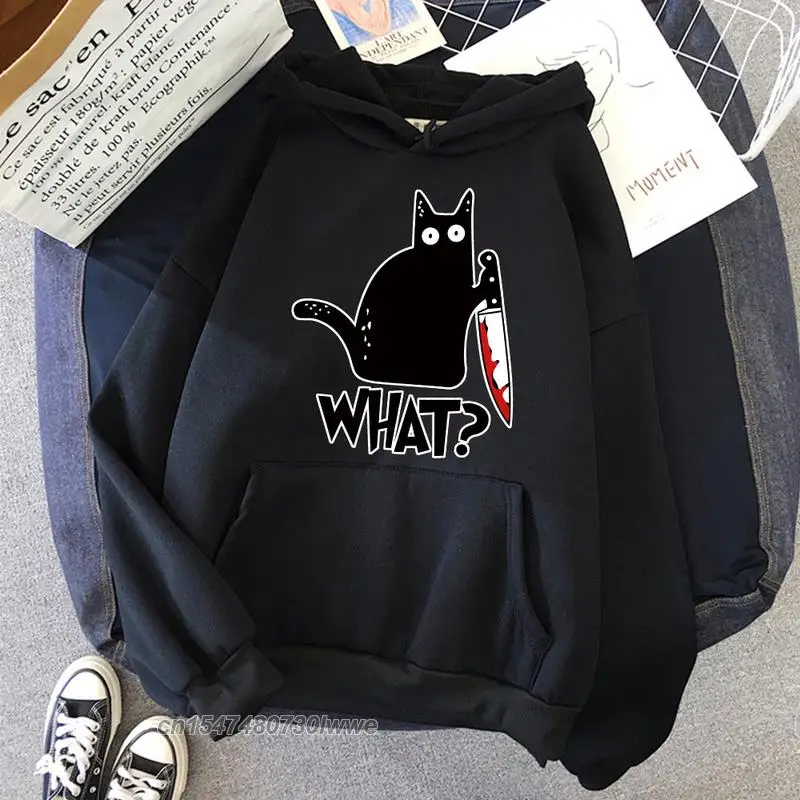 Little Black Cat And Knife Hoody Funny Letter Printed Men/Women Hoodies Harajuku Clothing Retro Oversize Clothes Pullovers