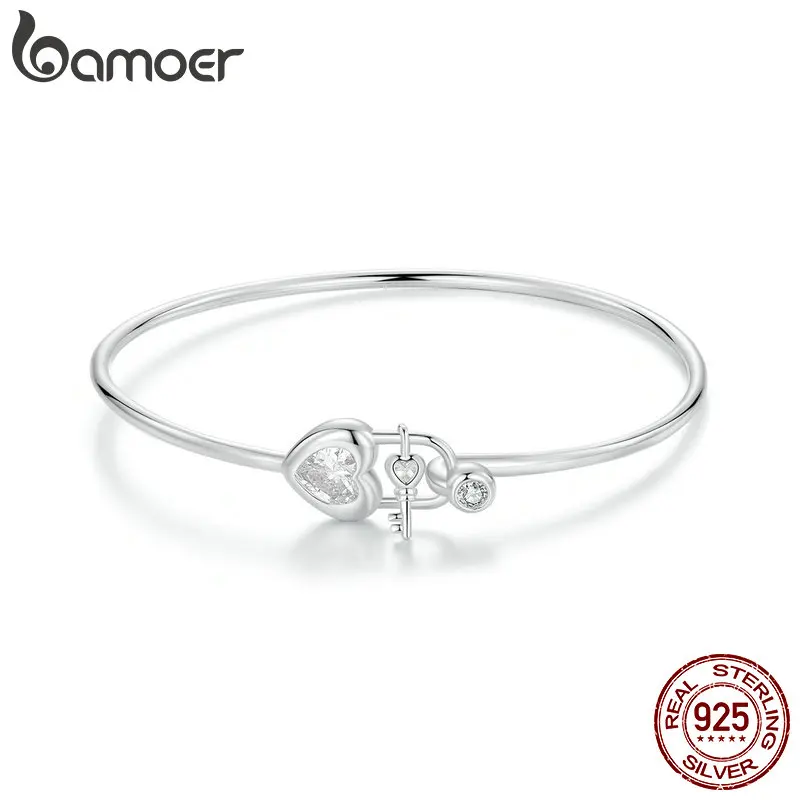 BAMOER Dainty 925 Sterling Silver Lock Bar Bracelet for Women Delicate Thin Cuff Bangle Bracelet White Gold Plated Jewelry