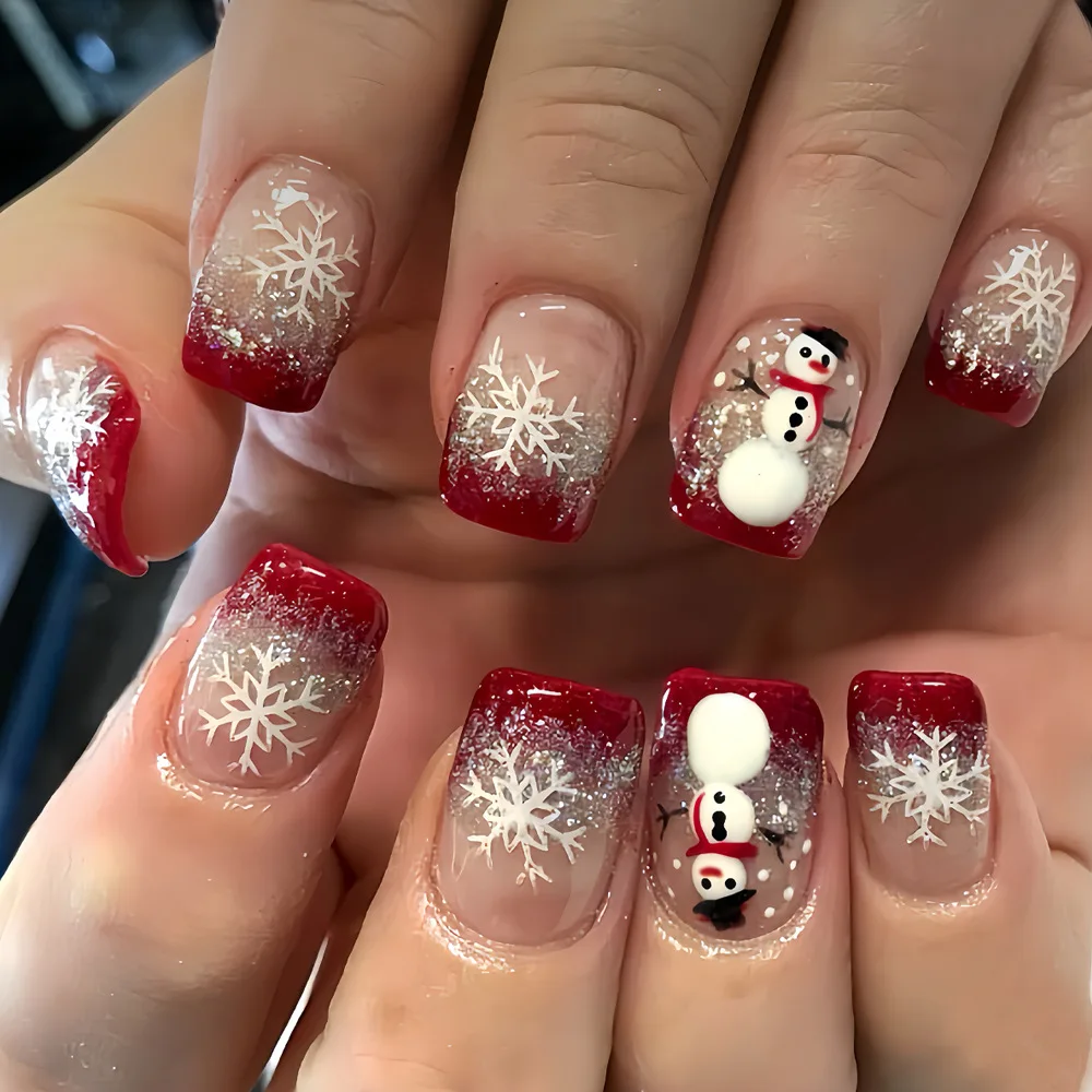 Faux ongles courts et carrés N64.avec colle, nail art, bonhomme de neige d'hiver, paillettes mignonnes, flocon de neige, French souhaits on, Nail Tips, Noël, 24 pièces