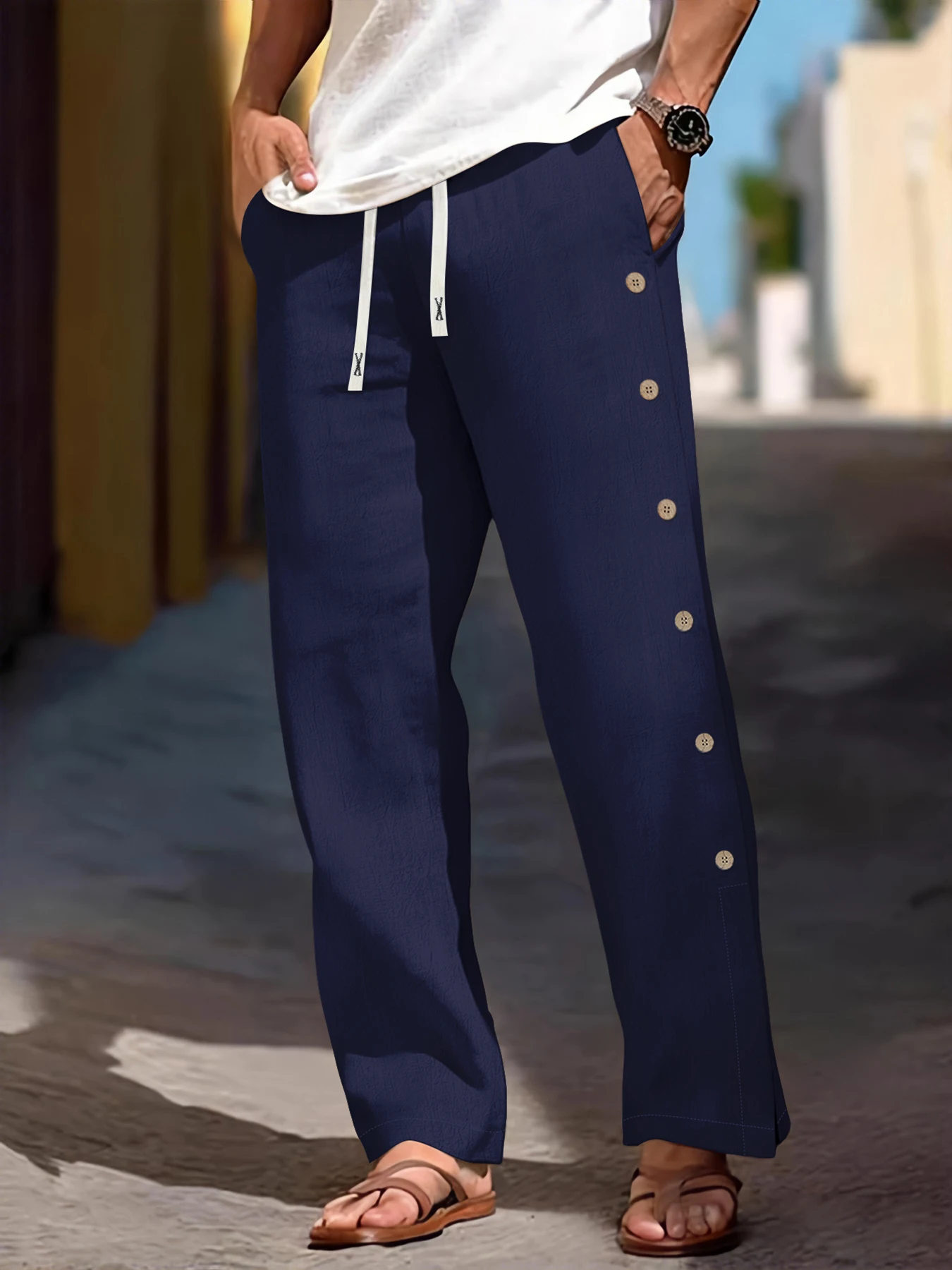 

Men's Linen Trousers with Side Single Button Decoration Drawstring Elastic Waist Design Casual And Practical