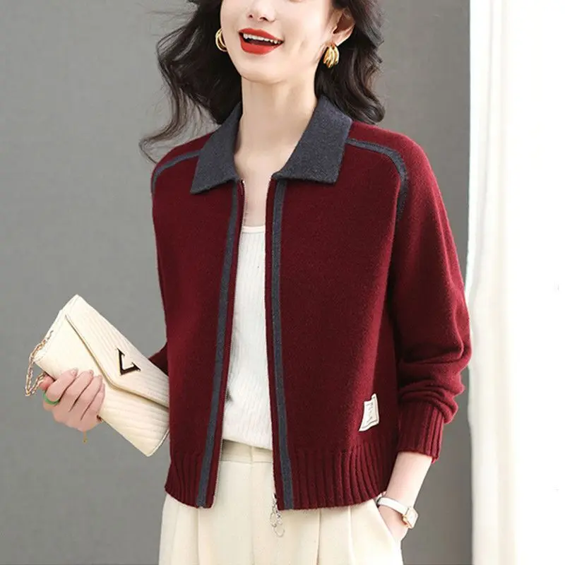 

Fashion Zipper Woolen Sweater For Woman Lapel Long Sleeve Tops Spring Autumn Short Knitwear Jacket Ladies Slim Cardigan Coat