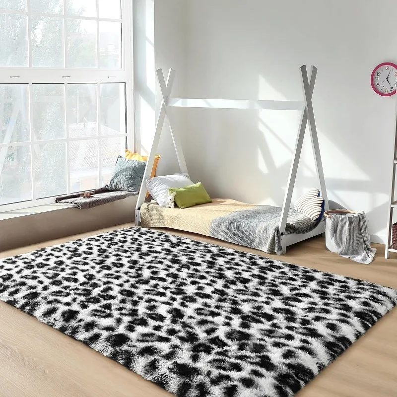 Fluffy Bedroom Rug White Black Leopard/Cheetah Print Rug Fuzzy Nusery Rug for Modern Faux Fur Rugs Washable Carpets