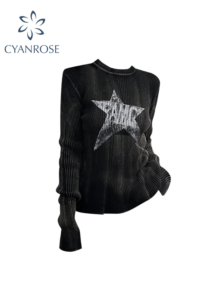 Women\'s Black Gothic Pullover Knitted Star Sweater Emo 2000s Fashion Long Sleeve Sweater Korean Jumper 90s Vintage Clothes 2023