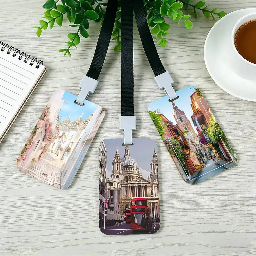 

Europe Greece France Santorini Landscape Black Lanyard Card Holders Student Meal Cards And Campus Ids School