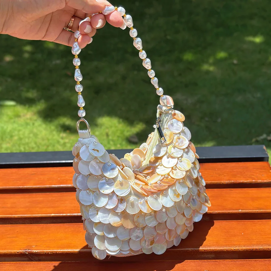 

Gentle shell sequined armpit bag natural fritillary glossy pearl chain handbag vacation atmosphere bag