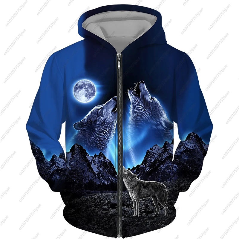 2024 New Men\'s Zipper Hoodie Wolf Fashion Jacket Animal 3D Print Pattern Sweatshirt Street Apparel Casual Clothes Men Clothing