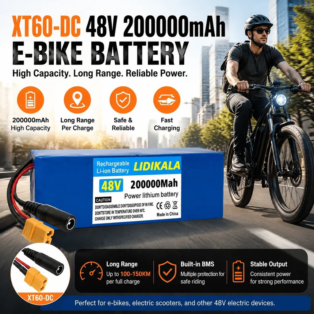48V 200000mAh 13S3P wiederaufladbarer Lithium-Ionen-Akku mit BMS-Schutz + 48V-Ladegerät XT60+DC-Anschluss für E-Bike, E-Scooter, Solarenergiespeicher