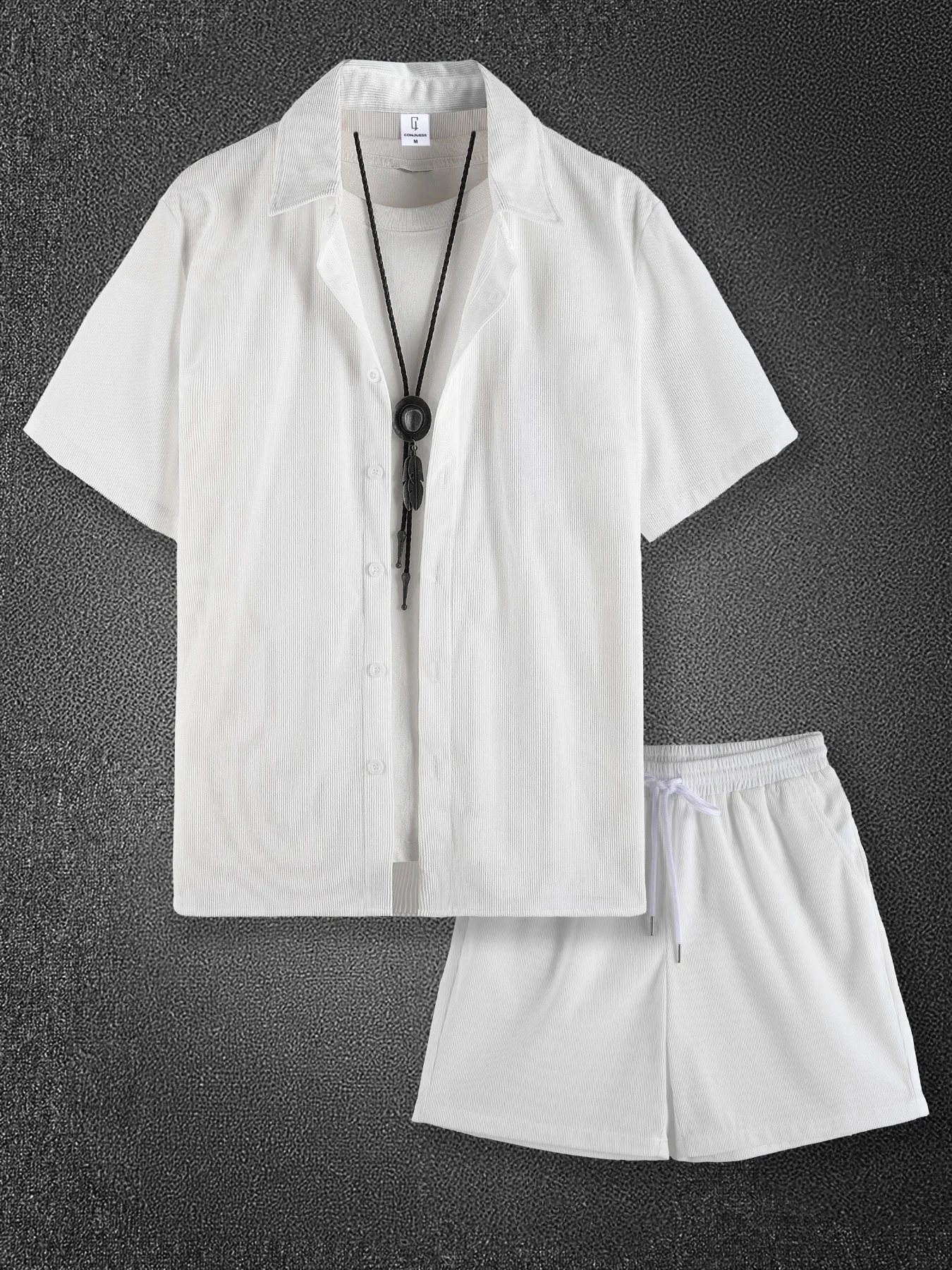 

Men's 2 Piece White Vertical Stripe Textured Set, Lapel Short Sleeve Shirt & Drawstring Shorts Summer Casual Outfit