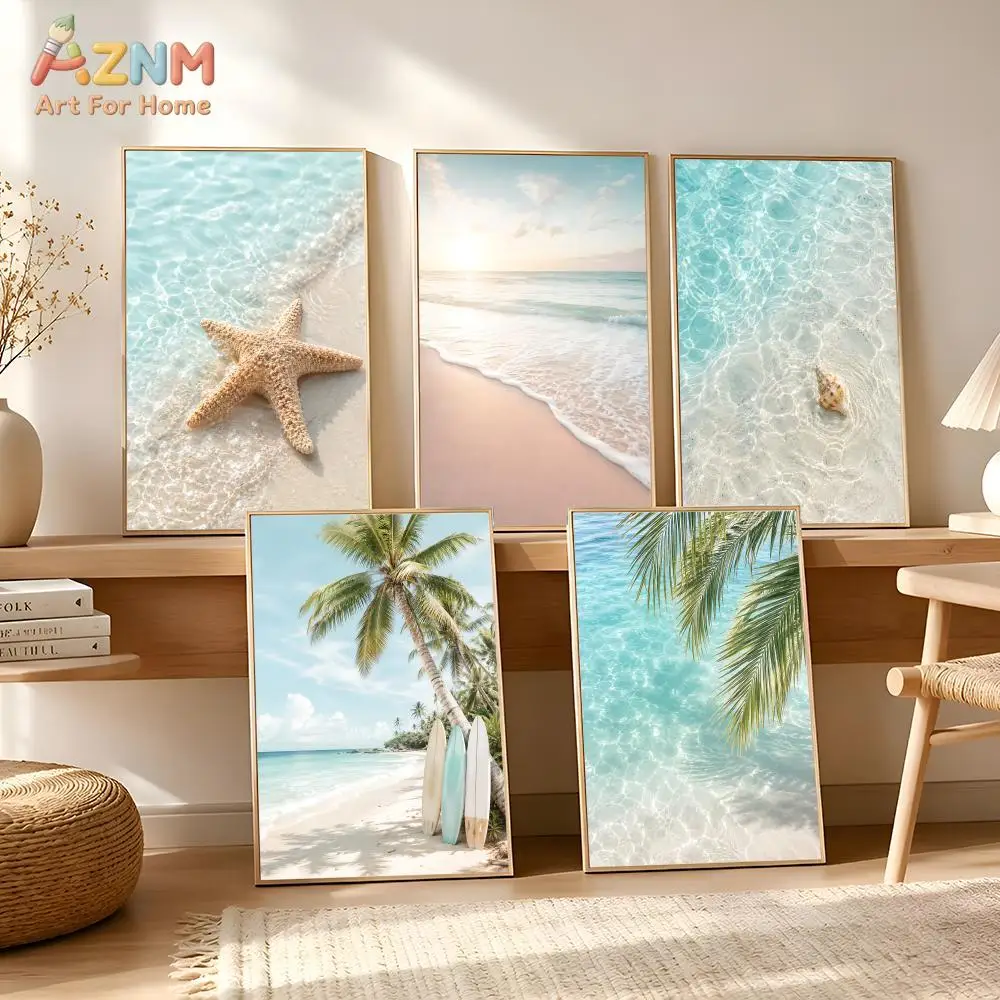 AZNM Tropical Beach Palm Tree Starfish Seascape Frameless Canvas Wall Art Coastal Style Living Room Home Decor