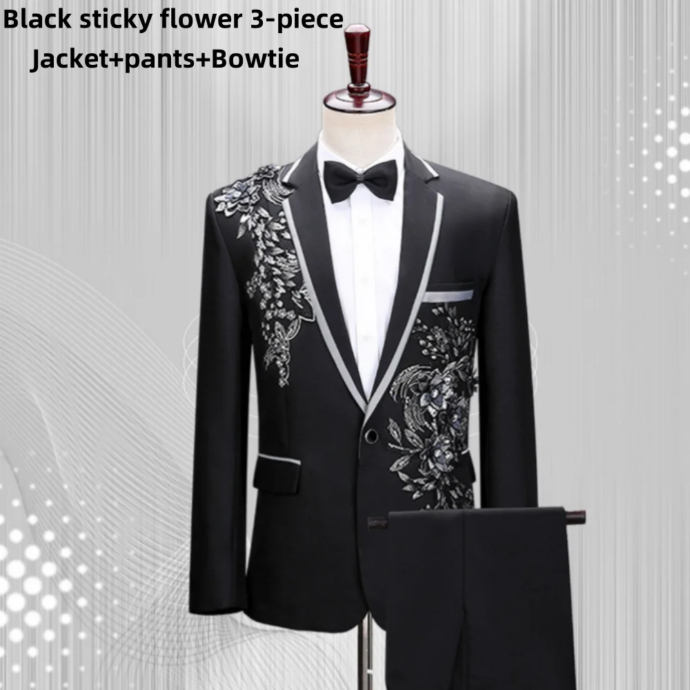 New Elegant White Black Sticky floral suit Set Stand Collar Mens Wedding Suits Formal Groom Tuxedo Costume(Jacket+pants+Bowtie)