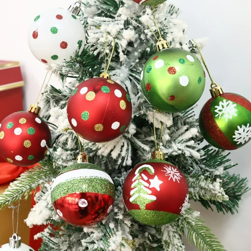 6-30Pcs Red Green Christmas Ball Ornaments Glittering Plastic Hanging Decorations White Spiral Spot Painting Balls for Xmas Tree
