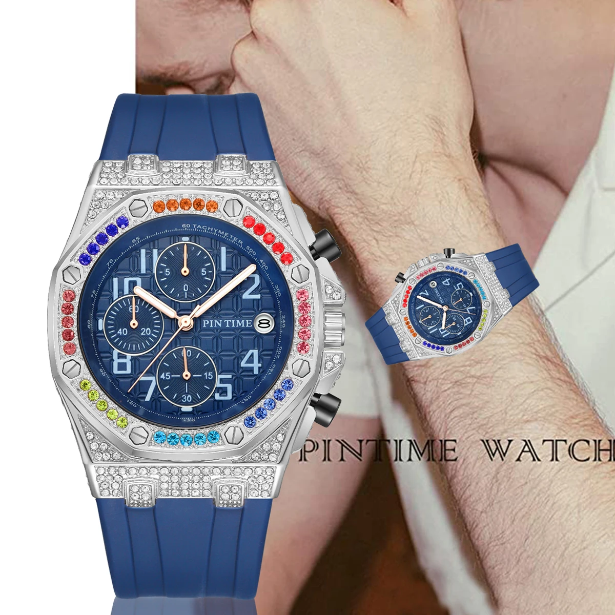 Fashionable Men's Quartz Watch With Diamond Studded Dial And Calendar Three Eye Six Pin Men's Creative Quartz Watch