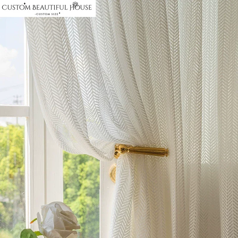 1PC French White Tulle Hollow Fishbone Texture Sheer Curtain for Living Dining Room Bedroom Elegant Luxury Window Decor 창문커텐