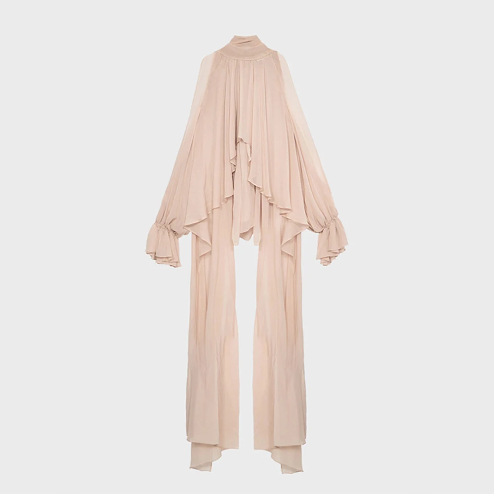 Blusa ligera de verano con dobladillo asimétrico para mujer, Tops holgados con hombros descubiertos y pliegues caídos, Tops femeninos de gasa con cuello colgante - Image 5