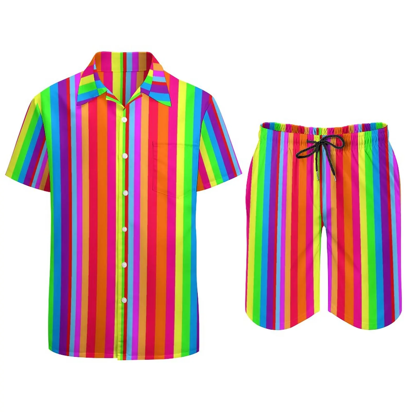 Rainbow Striped Print Men Sets Joyous Pride Casual Shirt Set Trendy Vacation Shorts Summer Suit Two-piece Clothing Plus Size