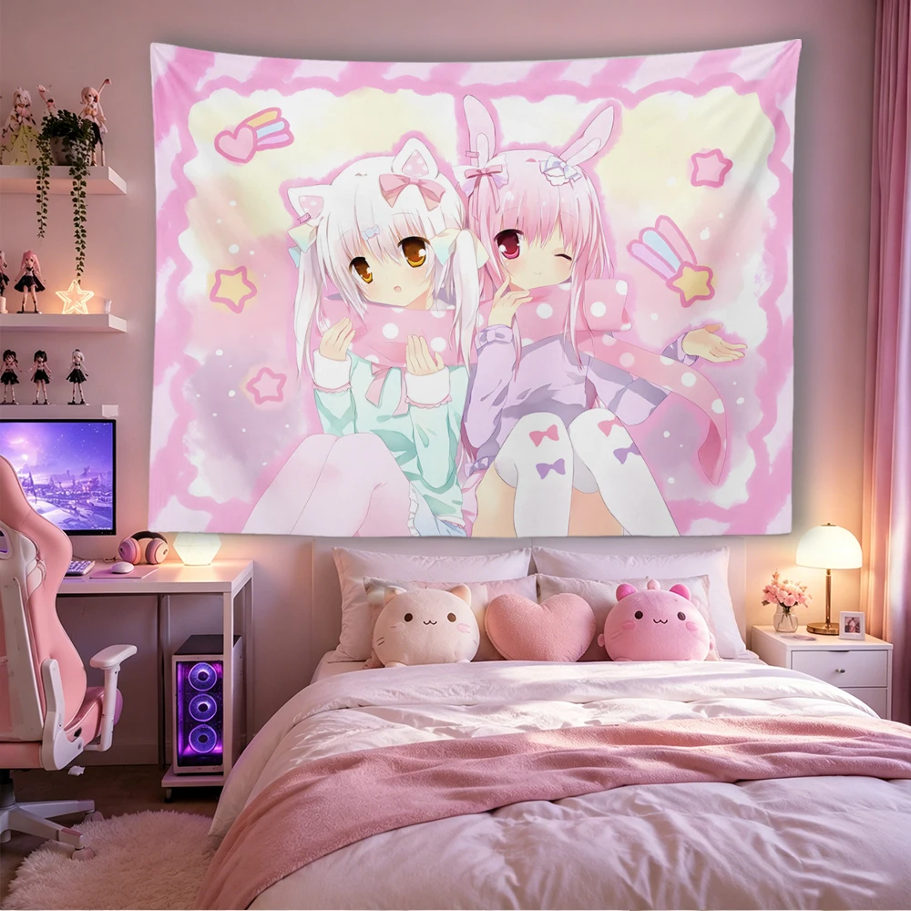 Kawaii Katzen-Hasenohren Anime Mädchen Wandteppich, Rosa Pastell Stern Herz Moe Wandbehang für Mädchenzimmer Wohnheim Deko – Detail 3