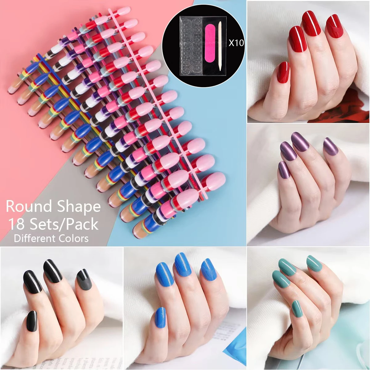 With Press on Adhesives Tools Mixed 18 Colors Full Cover False Nail Tips Short Fake Nails Art Design Artificial Fingernails