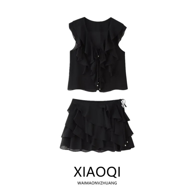 

Summer New Arrival Women's Fashion Shirt And Skirt Set V-Neck Sleeveless Layered Decoration mid Waist Design by Aileen