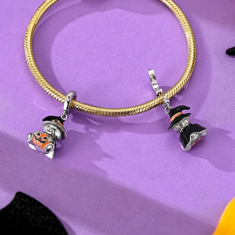 925 Sterling Silber Halloween Charm-Perlen Kürbis Totenkopf Hexe Geist Schwarze Katze Anhänger Passend für Halsketten Armbänder Damen Schmuck Geschenk – Detail 21