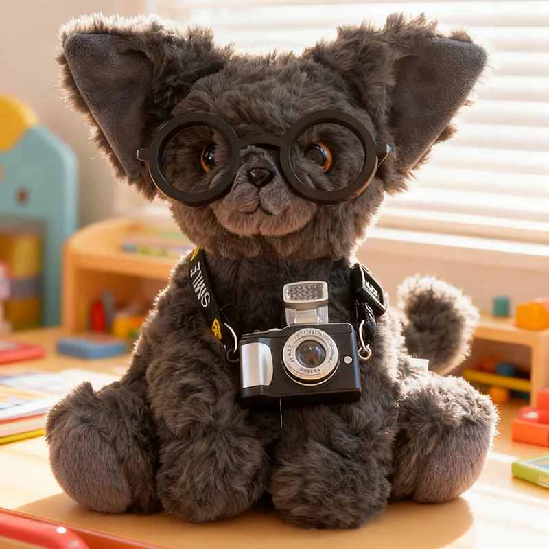 13CM süßes schwarzes Devon Rex Plüschtier lebensechte Kuscheltiere Katze flauschige weiche kleine schwarze Devon Rex tragen Schal Lätzchen Kawaii Spielzeug