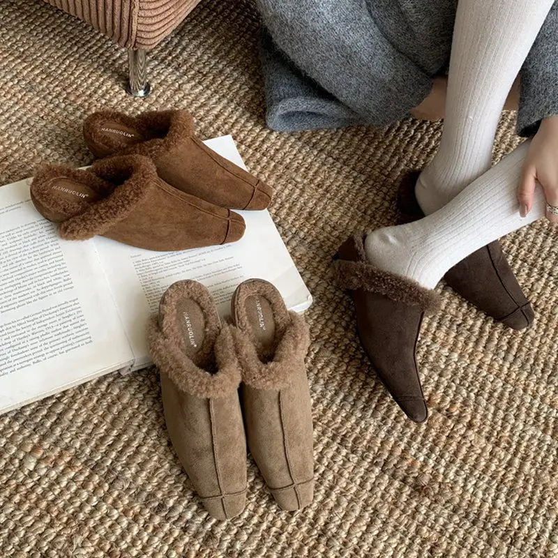 

Women Fur Slippers Casual Mule Shoes Close Toe Slides Slip On Square Toe Low Heels Fur Flip Flops Female Plush Loafer Home Shoes