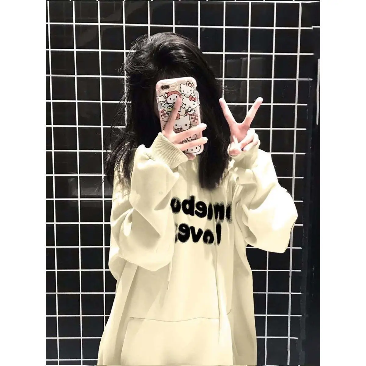 

Толстовки с капюшоном и сакурой, женская спортивная одежда с блокирующей вышивкой, круглый вырез, полосатый рукав, круглая одежда в стиле хип-хоп с графикой, большие размеры