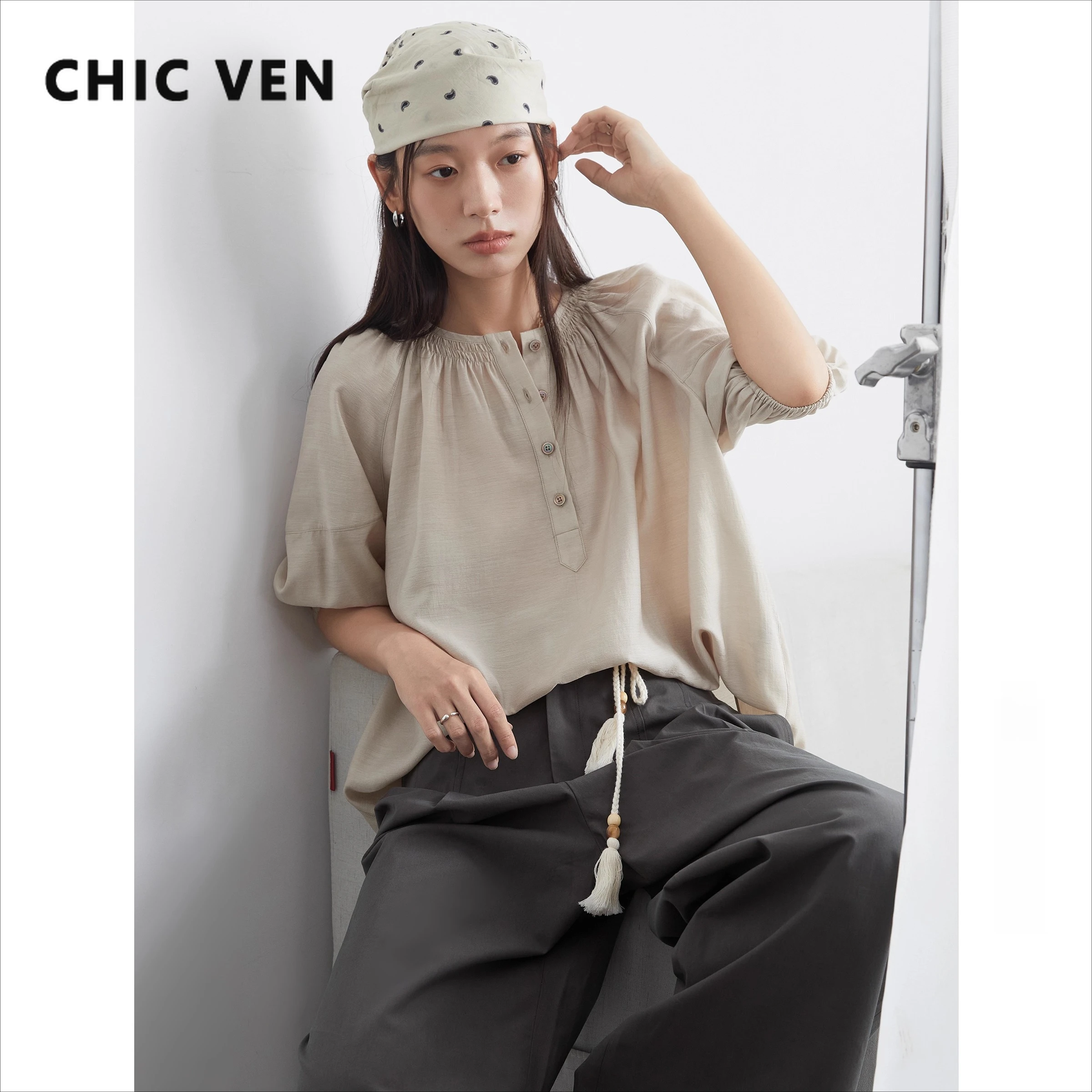 CHICVEN Women Shirt Solid Loose Casual New O Neck Pleated Mid Sleeve Blouses Female Pullover Spring Autumn 2025 Clothing
