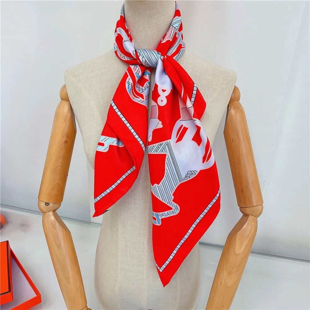 90CM Luxury Horse Head Twill 100% Silk Scarf Women Hand Rolled Edges Hijab Scarf Foulard Head Square Scarves Shawl Brand Design