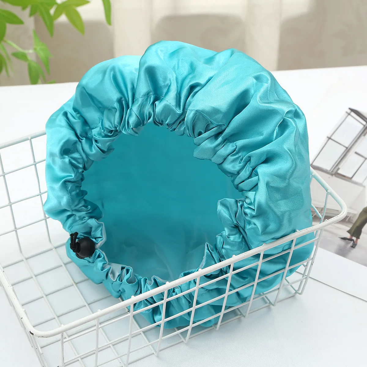 7 Colors Double-layer Oversized Drawstring Adjustable Shower Caps with Waterproof Black Satin + PEVA Material Purple Wholesale