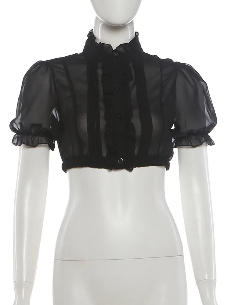 Nibber Chic T-Shirt für Damen, einreihig, durchsichtig, Falten, Puffärmel, Liniendekoration, süße Sommermode, tägliche Streetwear – Detail 3