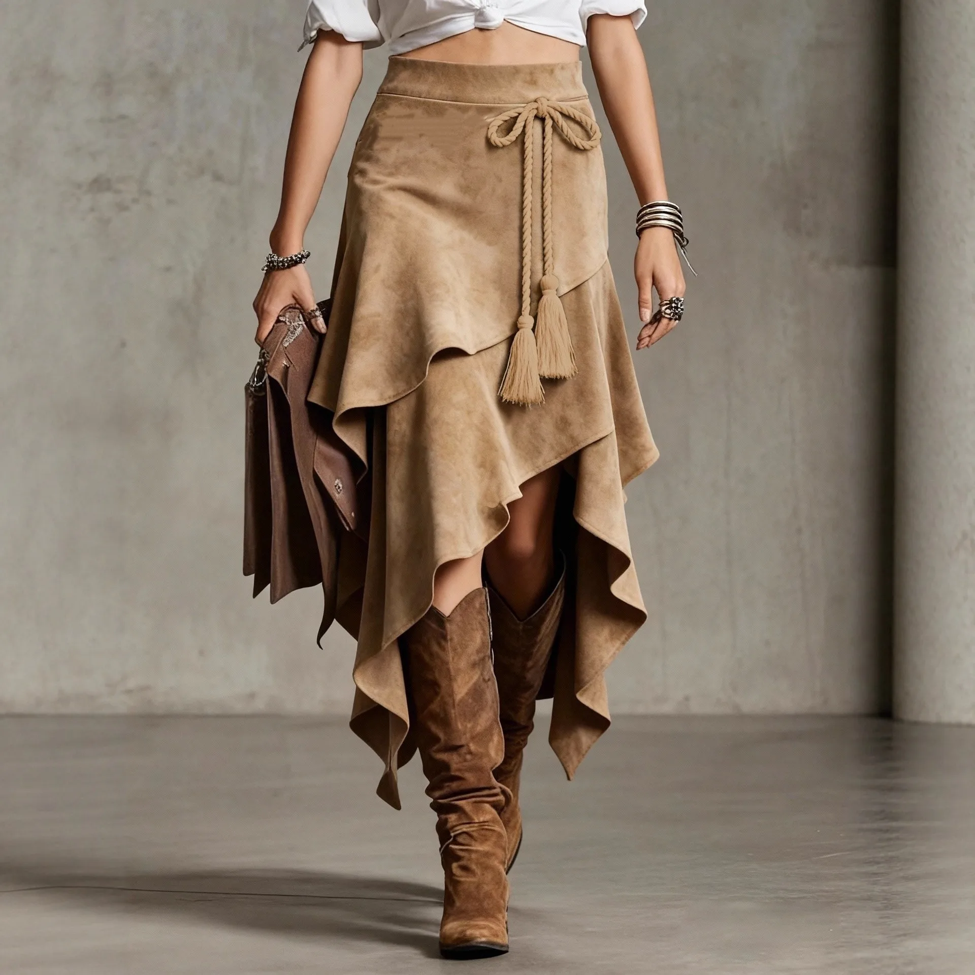 Fringe Asymmetrical Hem Skirts Midi Length Streetwear with Rope Tie Slight Stretch Edgy Street Autumn Dip Dye Skirts for Women