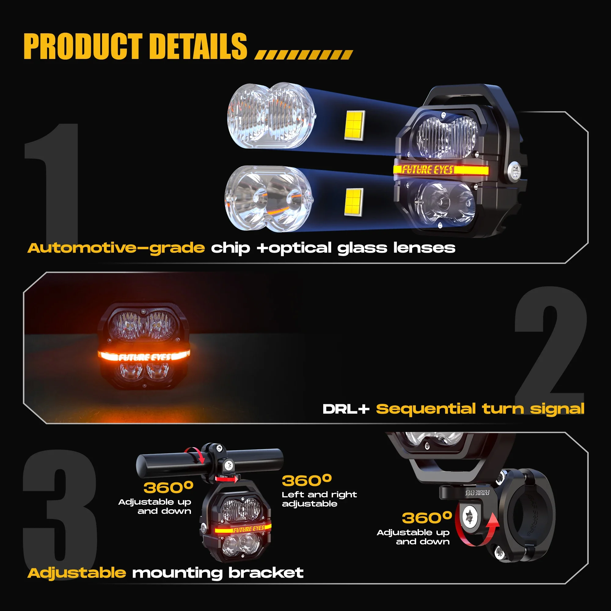 Future Eyes Z4 - LED Motorcycle Fog Lights Kit, 120W 12500LM Amber & White Driving Lights, IP67 Waterproof Auxiliary Lights