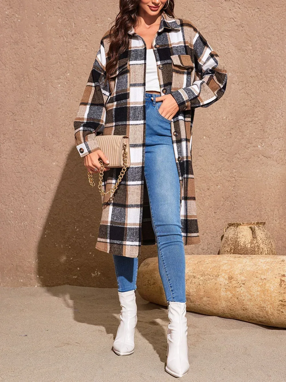 Plus Size 1XL-5XL Women Fashion Plaid Printing Long Coat Ladies Autumn and Winter Long Sleeve Temperament Long Coat